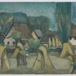Beim Aufstellen von Kornreitern, um 1930, Tempera